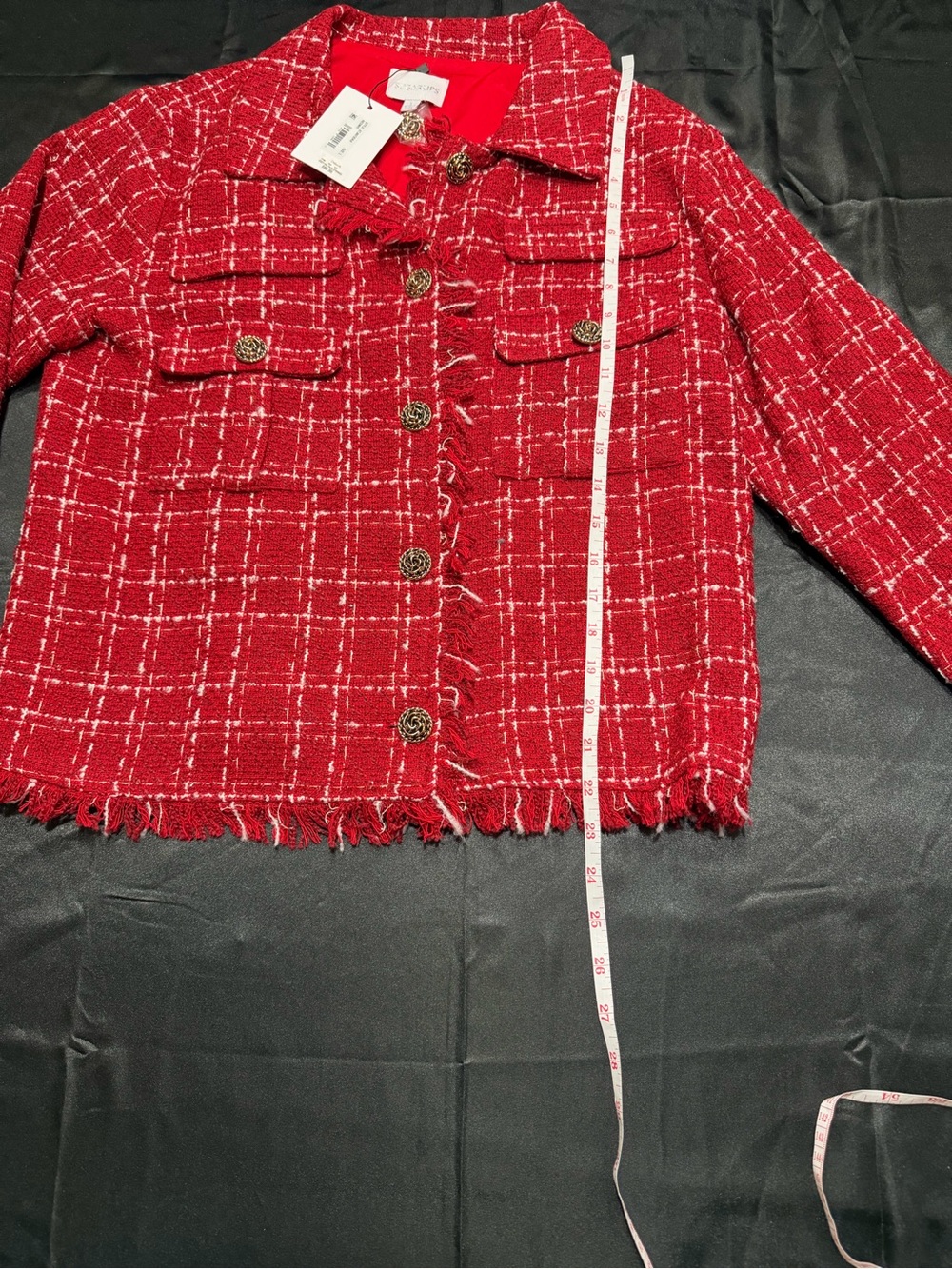 Sugarlips Red Tweed Fringe-Trim Button Jacket NWT Size L - Picture 10 of 12